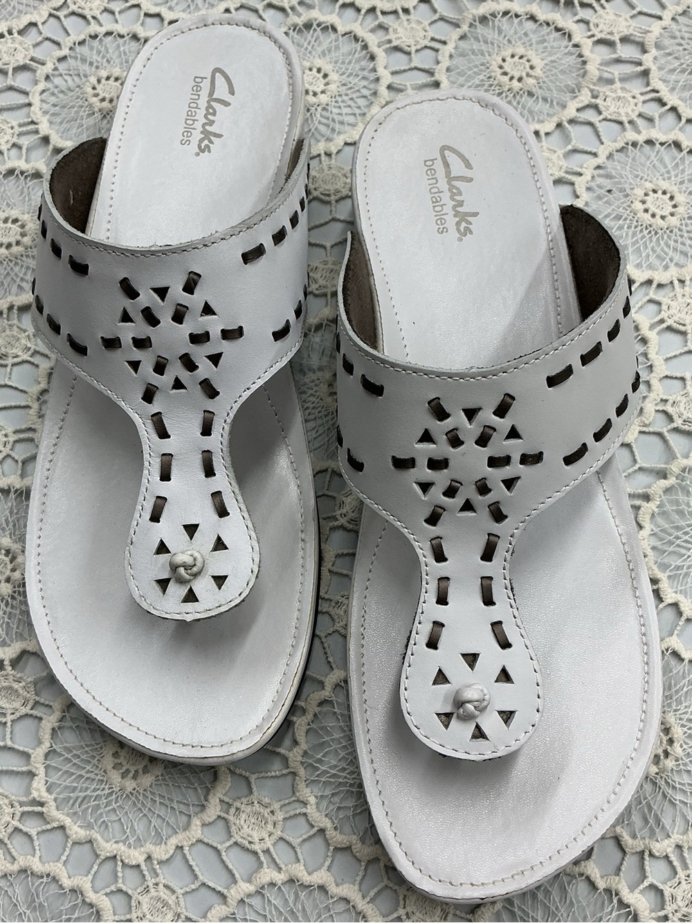 Clarks White Leather Laser-Cut Thong Sandals